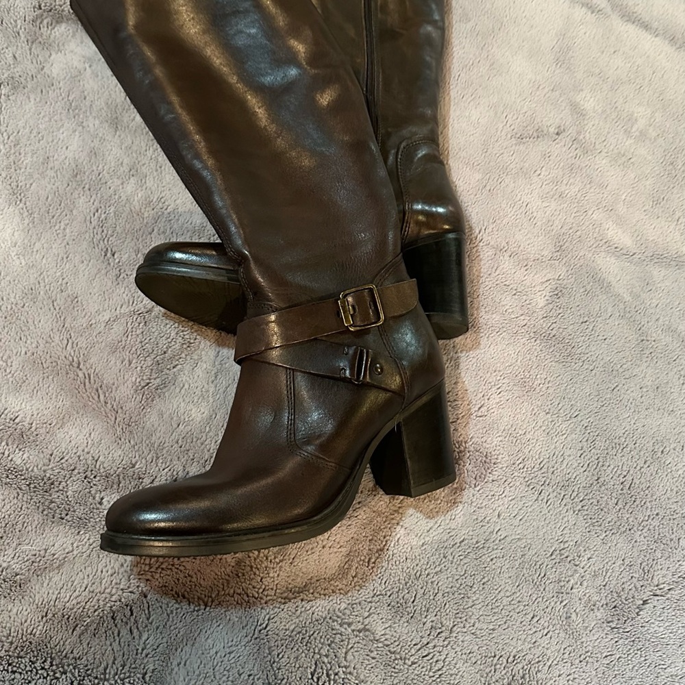 Aldo boots.  Size 7.  Dark brown leather tall 2 buckles - Picture 4 of 11